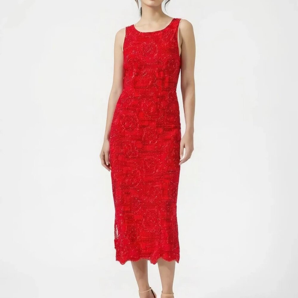 Vintage 90s CDC Red Orange Crinkle Paisley Maxi Slip Goddess Sheath Dress M 6